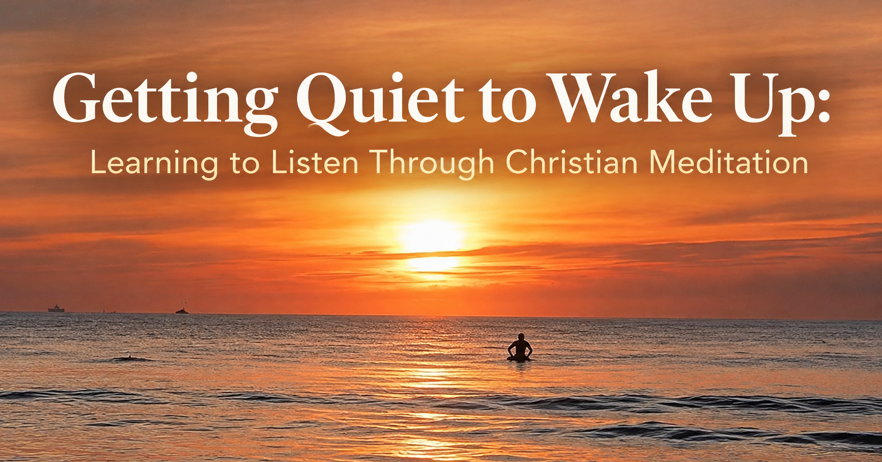 A lone surfer sitting quietly on the ocean at sunrise, illustrating stillness, silence, and contemplative Christian prayer.