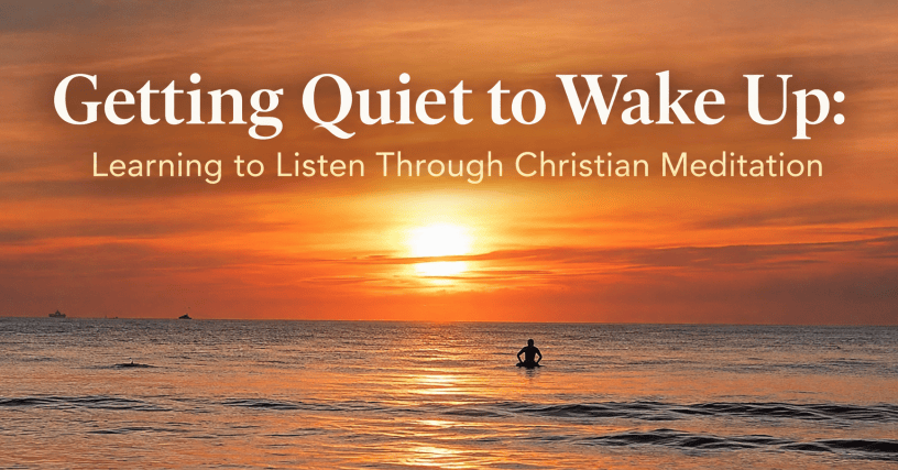 A lone surfer sitting quietly on the ocean at sunrise, illustrating stillness, silence, and contemplative Christian prayer.